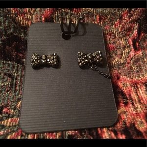 Striking Black Studded Bowed Earrings W/ Ear Piece